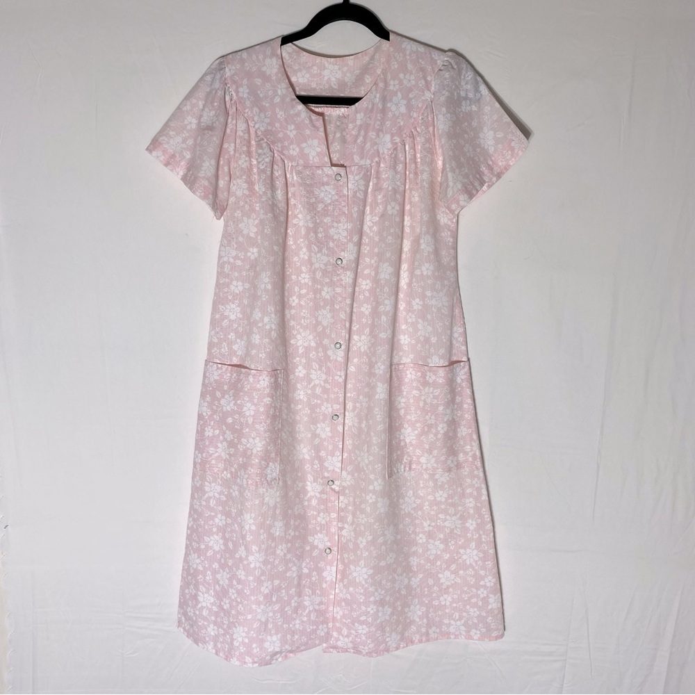 Vintage Pink Floral Snap Front Midi Length Short Sleeve Nightgown Pyjama Dress L